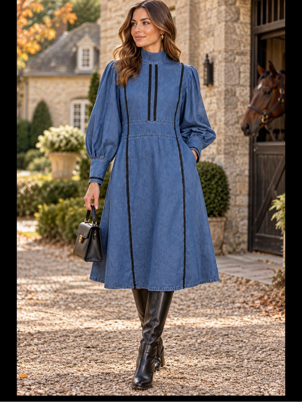 NWT ATTRIME Denim Midi Dress Puff Sleeve High Neck Black Trim Equestrian L/XL - Picture 2 of 16